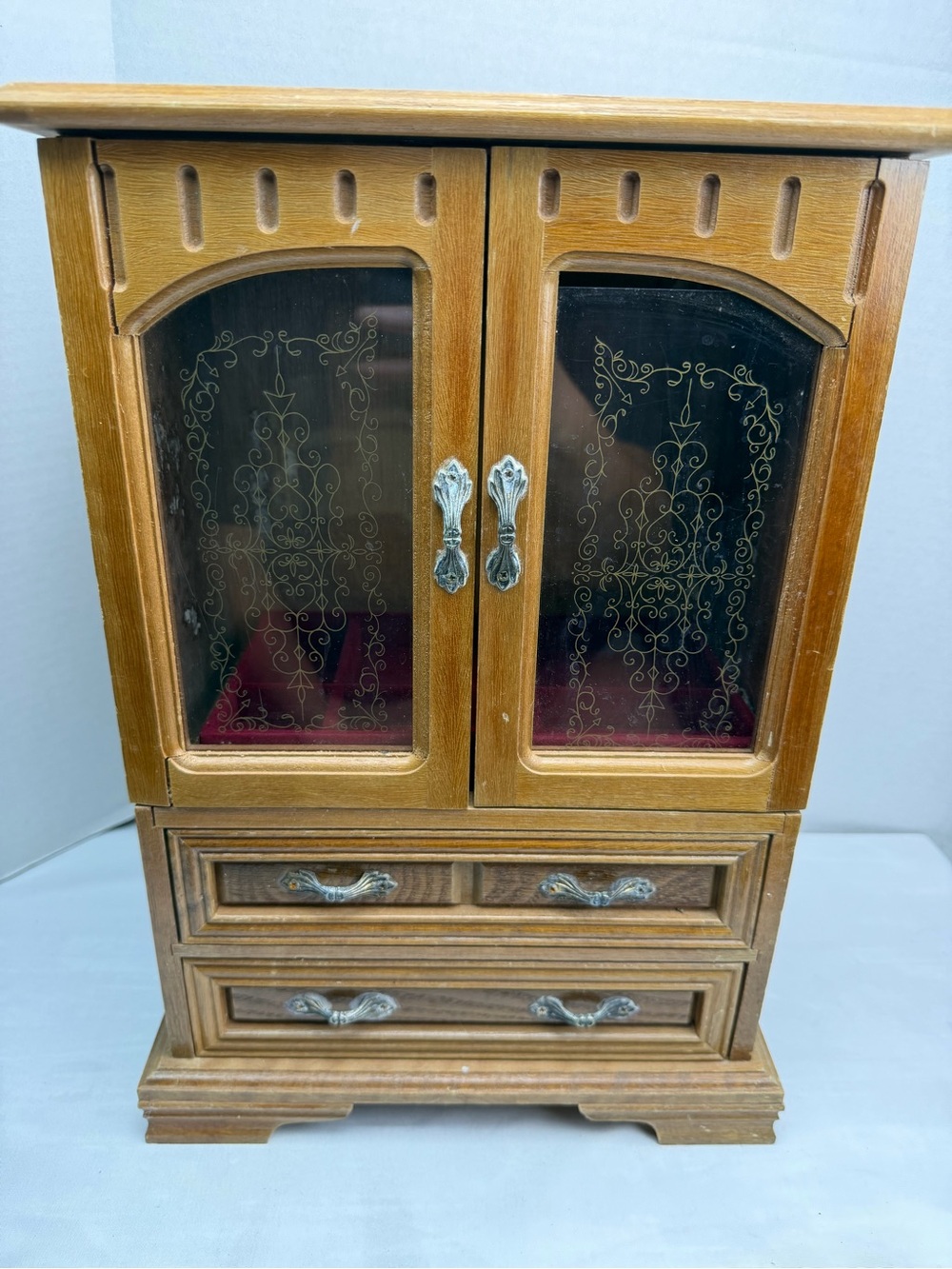 Vintage Wood 2 Door Jewelry Box Armoire Style Cabinet  Organizer &  Drawer